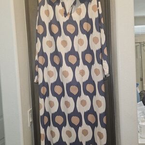 Patterned Long Sleeve Maxi Dress in Navy, Cream & Tan